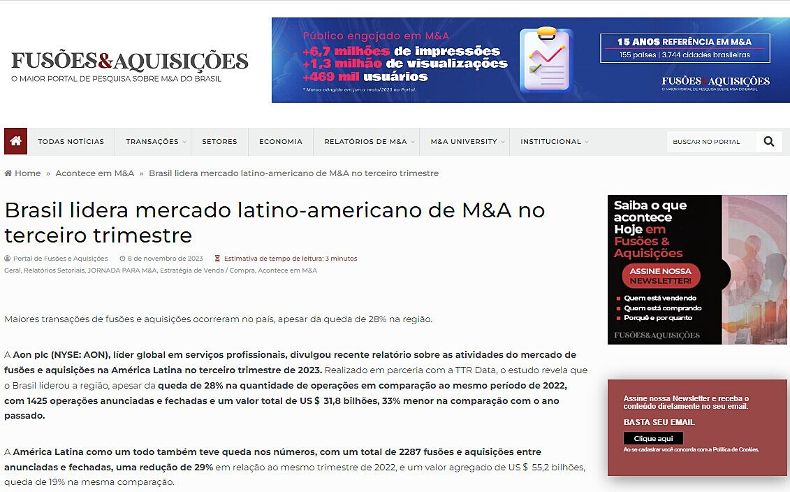 Brasil lidera mercado latino-americano de M&A no terceiro trimestre